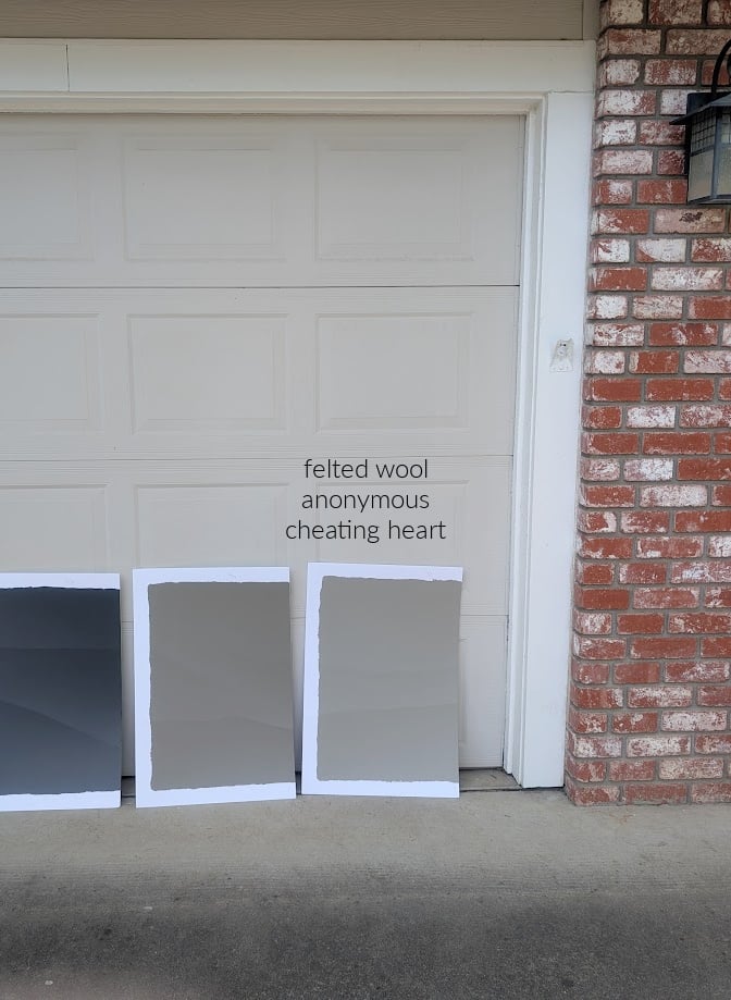 Exterior red brick with Sherwin Williams Anonymous, Felted Wool, and Benjamin Moore Charcoal Slate