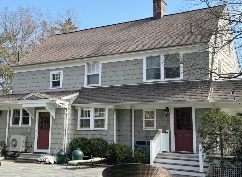 BENJAMIN MOORE Briarwood paint color WEATHERED WOOD ASPHALT SHINGLE ROOF, WHITE TRIM, BURGUNY PAINTED RED DOORS