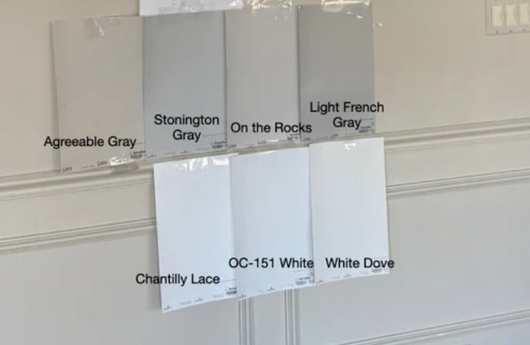 Benjamin MOore Chantilly Lace. vs. White OC 151, White Dove, Agreeable Gray, Stoningont Gray, Sherwin Williams On the Rocks, Collingwood, Edgecomb Gray, White is the white with a gray undertone