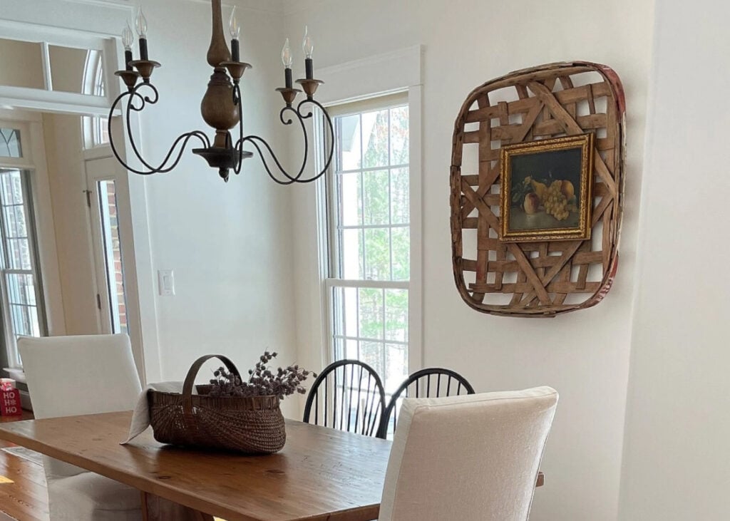 Benjamin Moore Cloud White walls and trims in farmhouse country style dining room