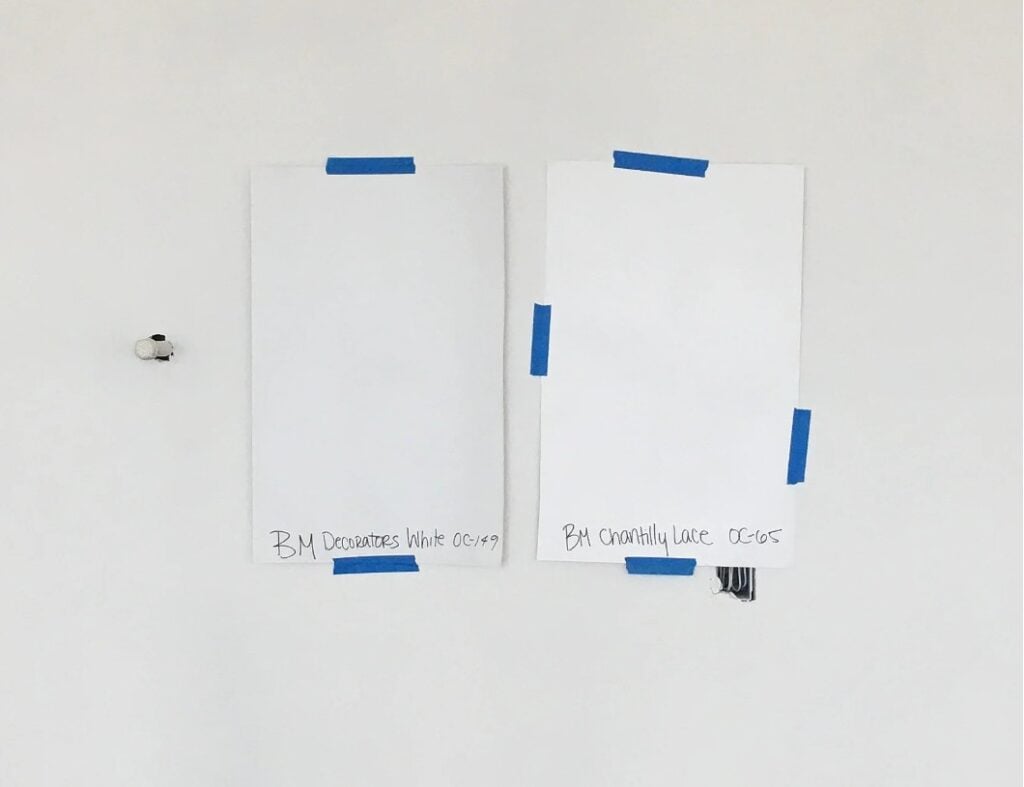 Benjamin Moore Decorator's White vs Chantilly Lace, peel and stick paint samples comparison