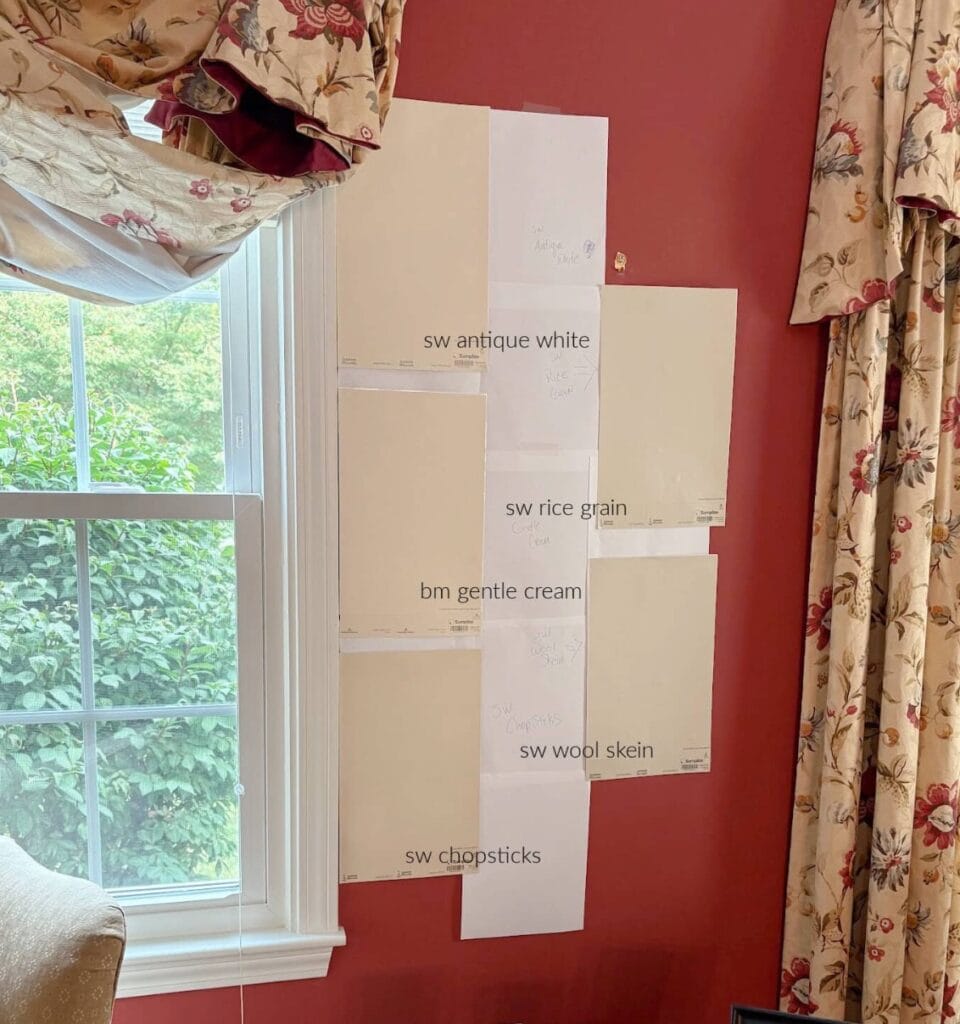 Benjamin Moore Gentle Cream compared to similar shades including Sherwin Williams Chopstick, Wool Skein, Rice Grain, Antique White