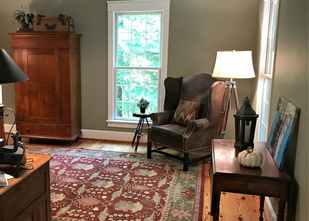Benjamin Moore Nantucket Gray (green paint color) in a home office with country furniture, pine flooring