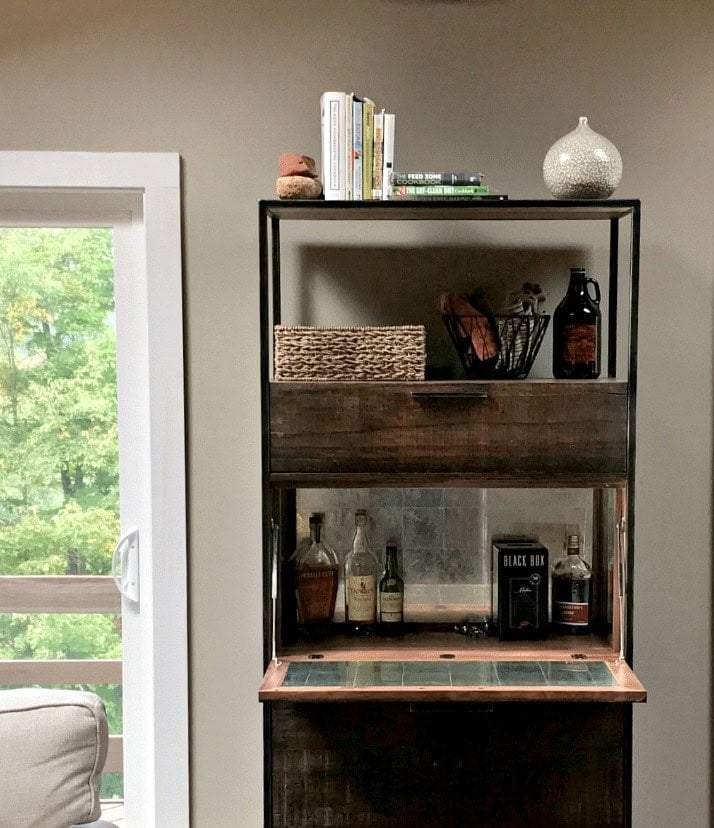 Benjamin Moore Pashmina with a dark wood bar cabinets and white trim (1)