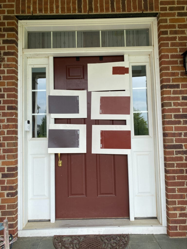 Benjamin Moore Vintage Wine, Bitter Chocolate, Sherwin Williams Roycroft Copper Red, Red Barn, Rustic red, front