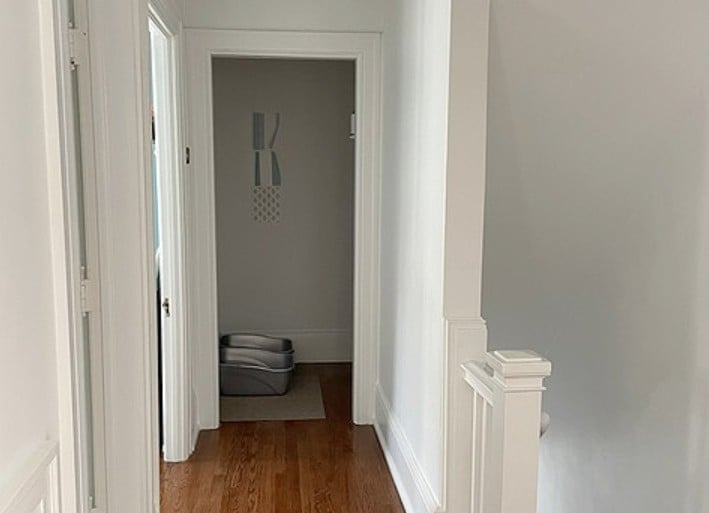 Benjamin Moore White Diamond, cool whit epaint color in dark staircase and hallway, walls, trims, ceilings, red stained wood flooring