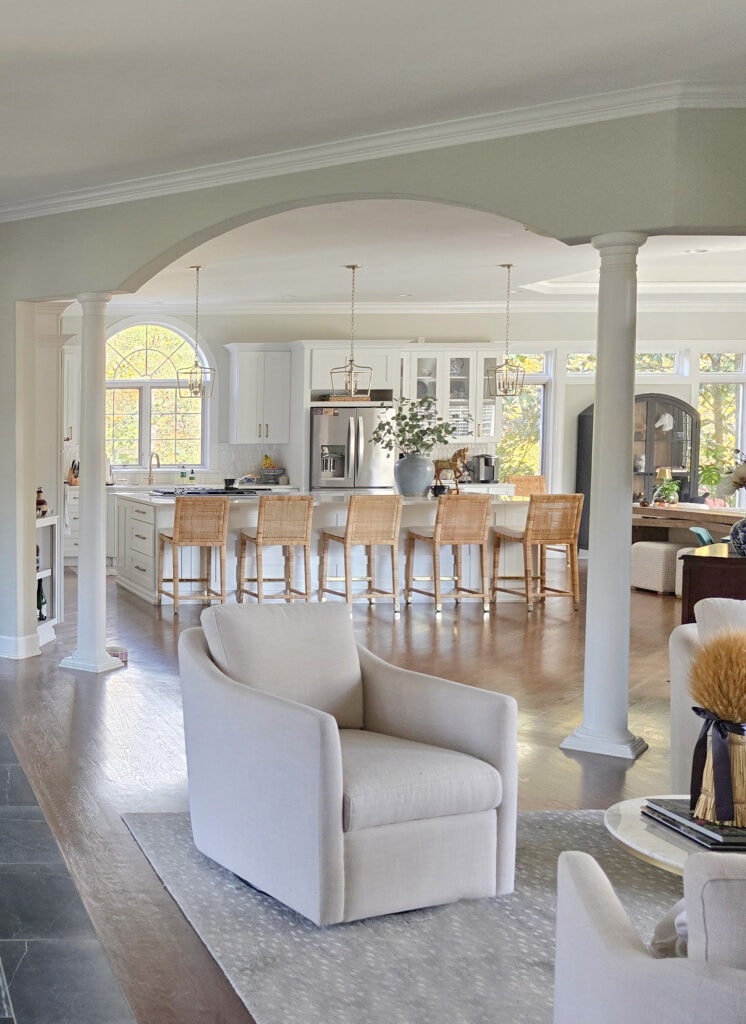 Benjamin moore Gray Owl walls, black, dark gray marble look tile floor, open concept entryway, hallway, kitchen, traditional beams and furniture (4)