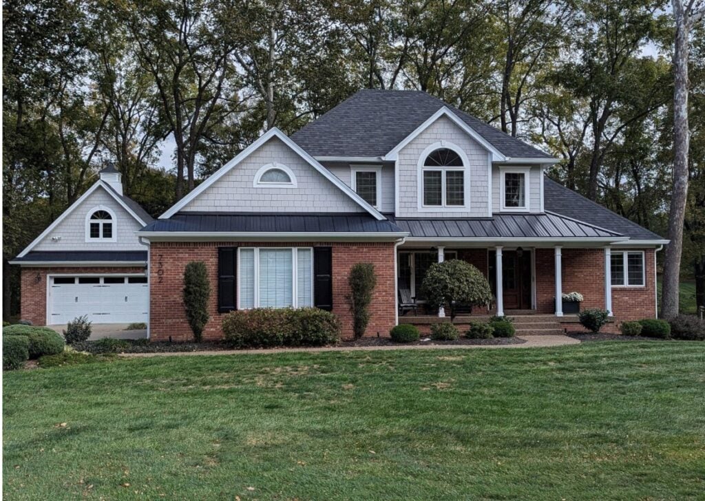 Exterior, Sherwin Williams Light French Gray, black metal roof, Black Moire asphalt GAF, red orange brick, white trim, gutters, black shutters