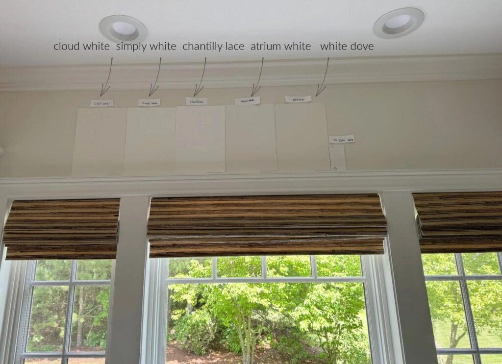 How to find undertones in a white paint color. comparing samples of Benjamin Moore Cloud White, Simply White, Chantilly Lace, Atrium White, Cloud White and a small Sherwin Williams Extra White