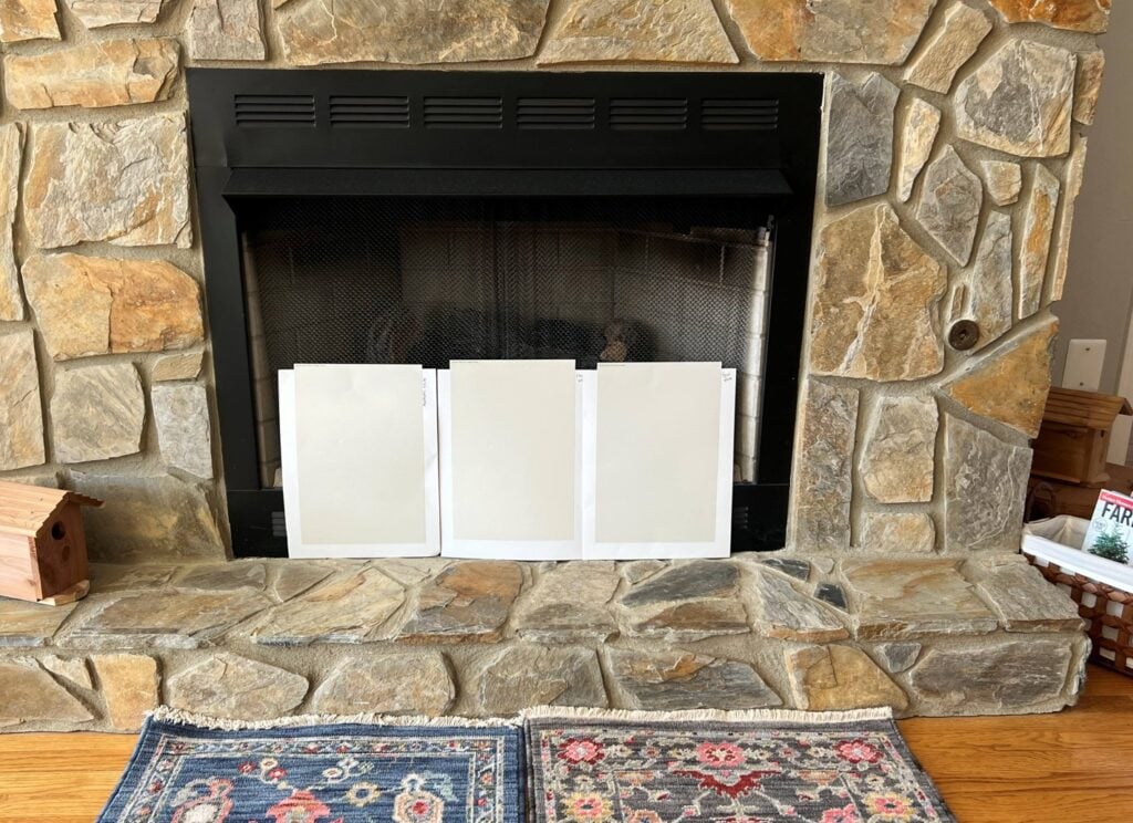 Sherwin Williams Aesthetic White vs. shoji White compared to Egret White, samplize peel and stick with orange and brown stone fireplace 1970s or 80s