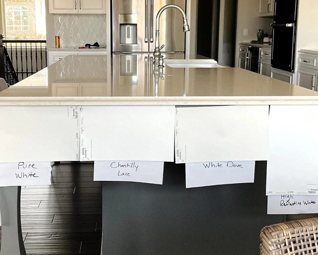 Sherwin Williams Pure White vs Benjamin Moore Chantilly Lace, White Dove and High Reflective White. Neutral or bright true whites vs warm whites for cabinets