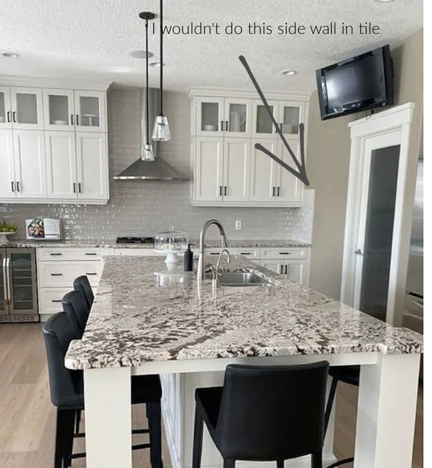 Kitchen with taupe subway tile backsplash, Classic Gray painted cabinets with older granite countertop (2)