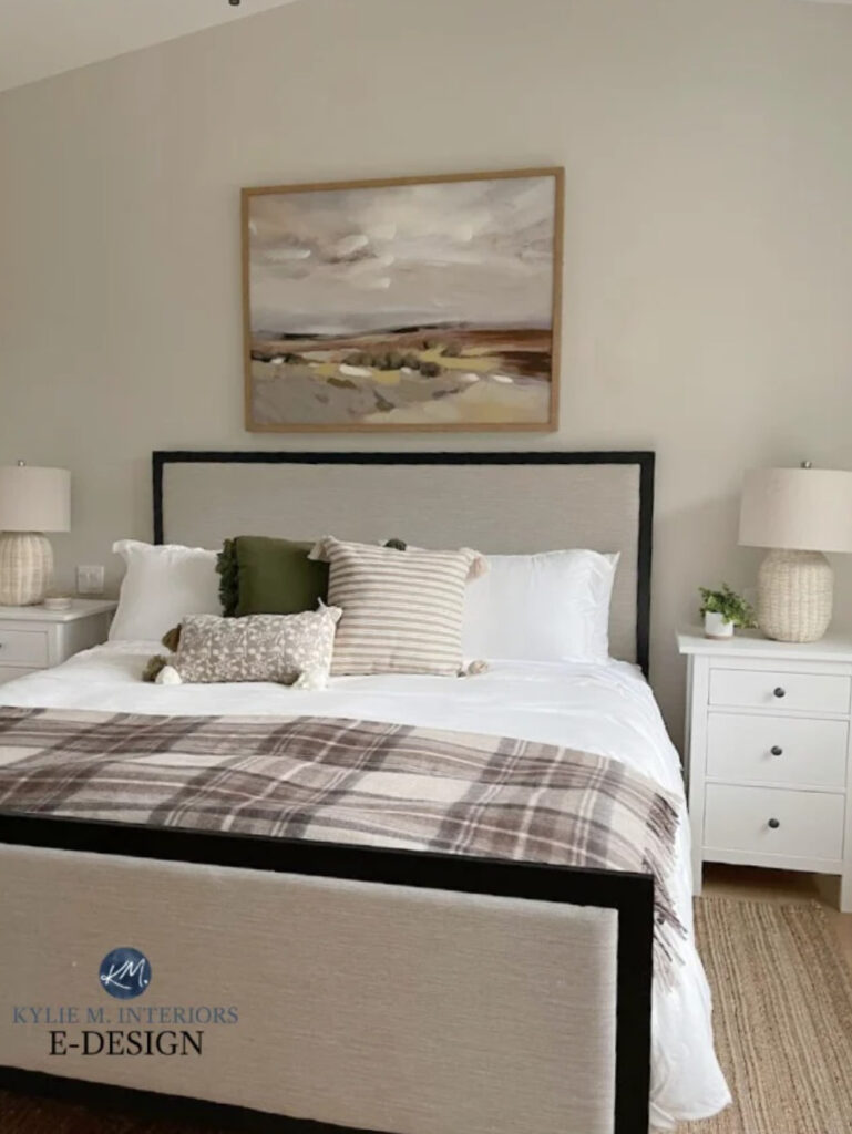 Sherwin Williams Aesthetic White, south-facing cloudy day in a bedroom, neutral linens and fabric headboard