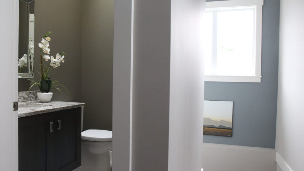 Benjamin MOore Gibraltar Cliffs, green-blue-gray blend in staircase with Colonnade Gray and Anonymous