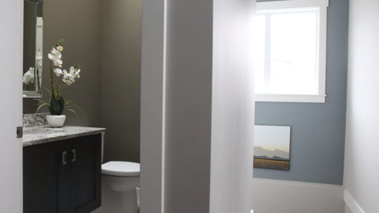 Benjamin MOore Gibraltar Cliffs, green-blue-gray blend in staircase with Colonnade Gray and Anonymous