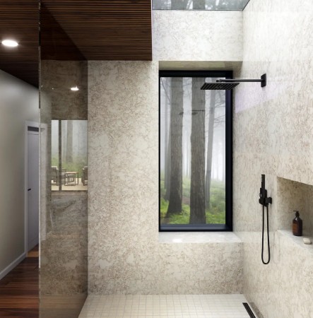 Cambria Hermitage quartz countertop sample, shown in shower on walls. Cambria site