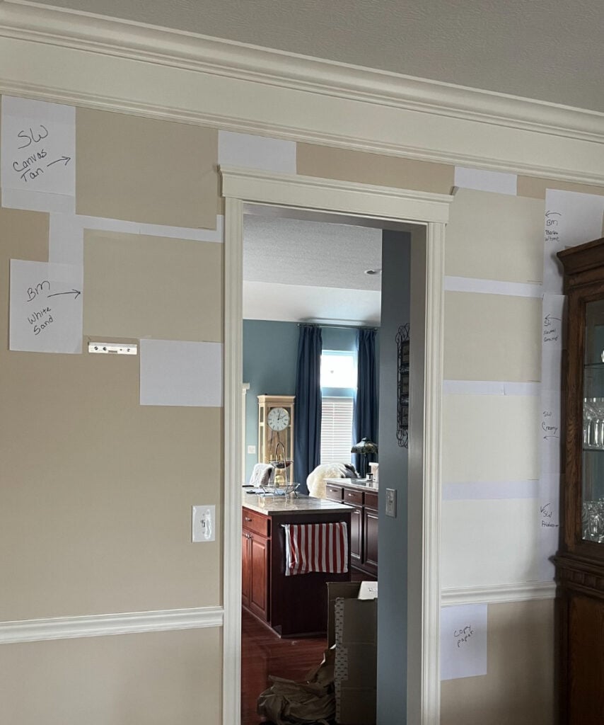 Sherwin Williams Creamy, Alabaster trim, Canvas Tan, Neutral Ground, Benjamin Moore Ballet Whtie and Whtie SAnd paint samples
