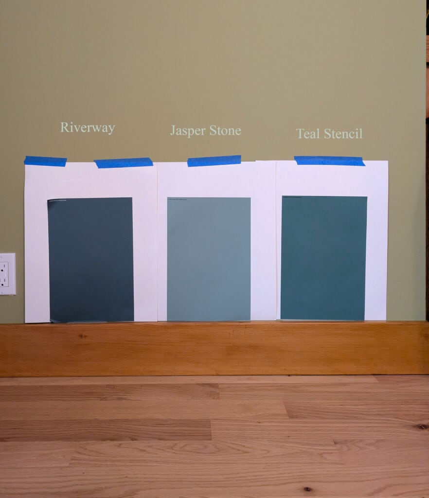 Sherwin Williams Riverway, Jasper Stone, Teal STencil blue-green paint color samples againt fir wood trim and flooring