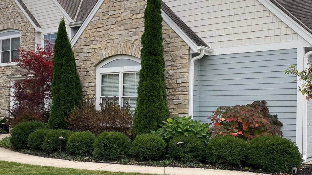 Exterior siding painted Sheriwn Williams Mineral Deposit with aEsthetic White, warm stone