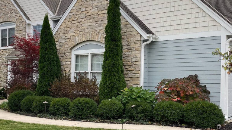 Exterior siding painted Sheriwn Williams Mineral Deposit with aEsthetic White, warm stone