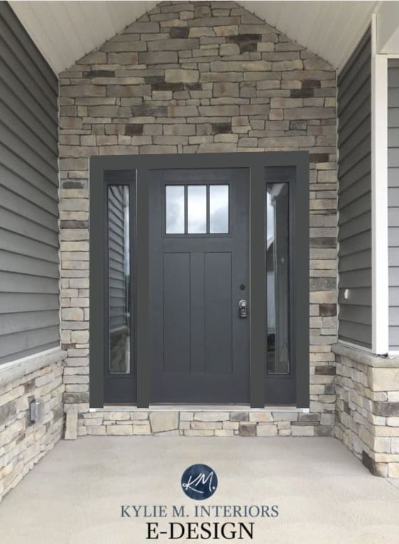 Benjamin Moore Cheating Heart wiht mockup of painted sidelights and trims that match the front door with stone veener