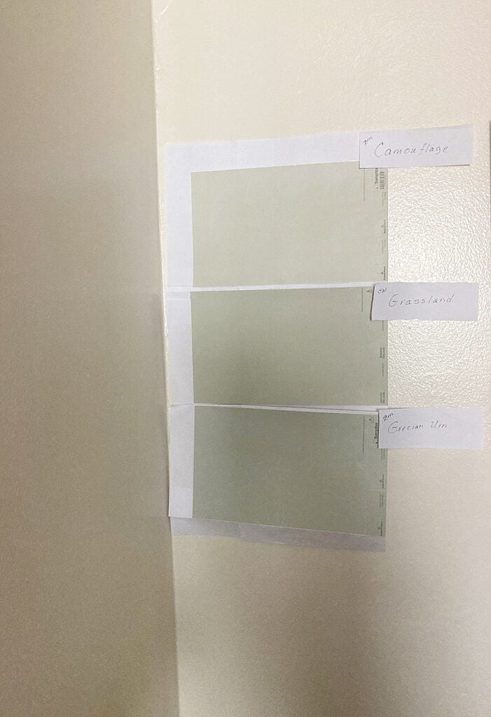 Benjamin Moore Camouflage, Sherwin Williams Grassland, Grecian Green on Navajo White walls, samplize samples and comparisons