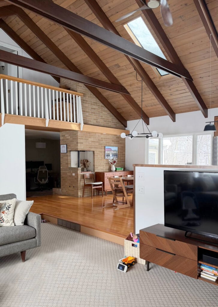 Wood ceiling and beams in mid-cent