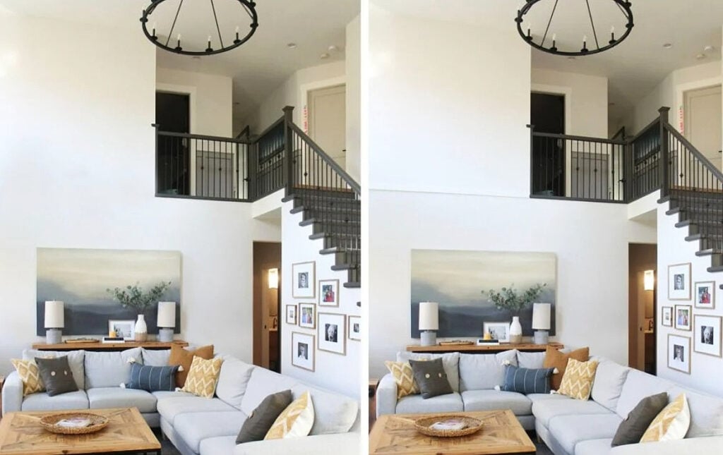 living room with a book rail style molding added to help high ceiling look lower