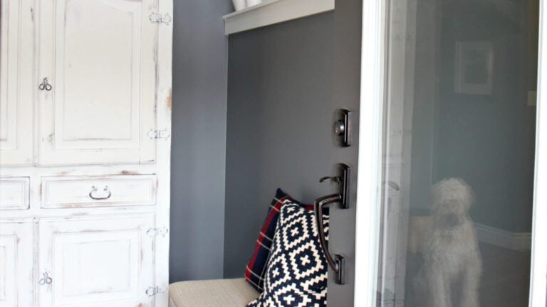 Foyer-entryway-with-white-wood-armoire-for-kids-stuff-Benjamin-Moore-STeel-Wool-gray-paint-colour-by-Kylie-M-INteriors (1)