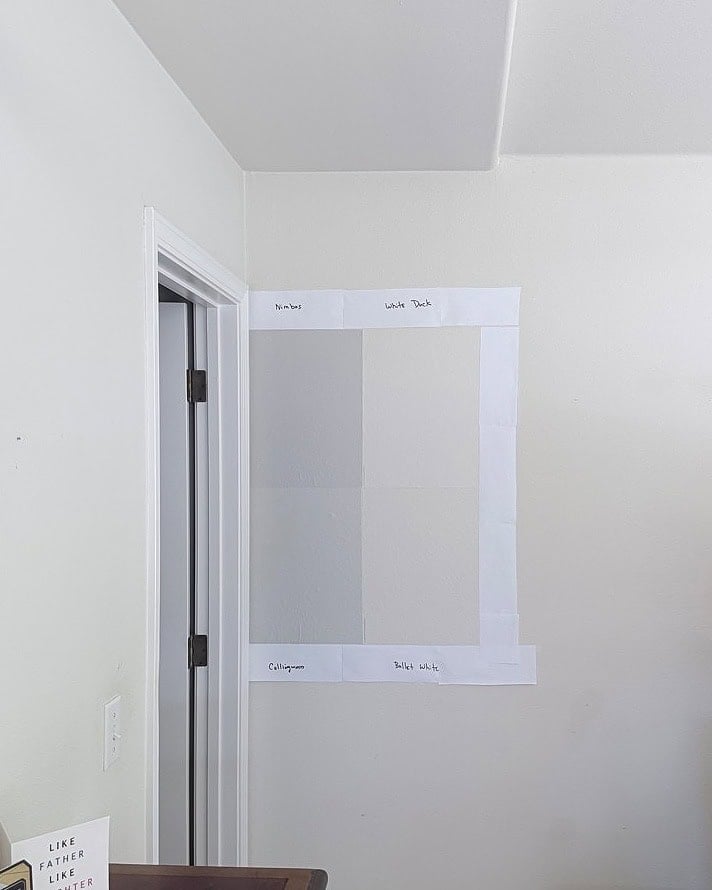 Comparing Samplize peel and stick of Benjamin Moore Collingwood, Ballet White, Nimbus and Sherwin Williams White Duck
