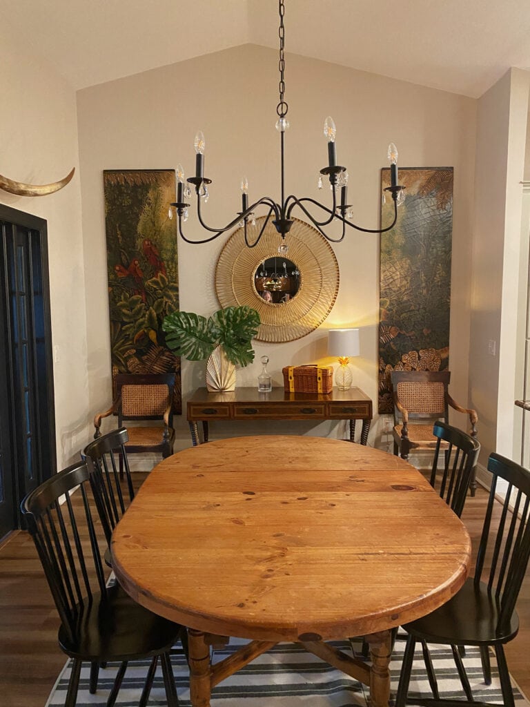Tropical style dining room, vaulted ceiling, no natural light (dark) Benjamin Moore Edgecomb Gray with Sherwin Tricorn Black painted french doors, home decor and rustic table
