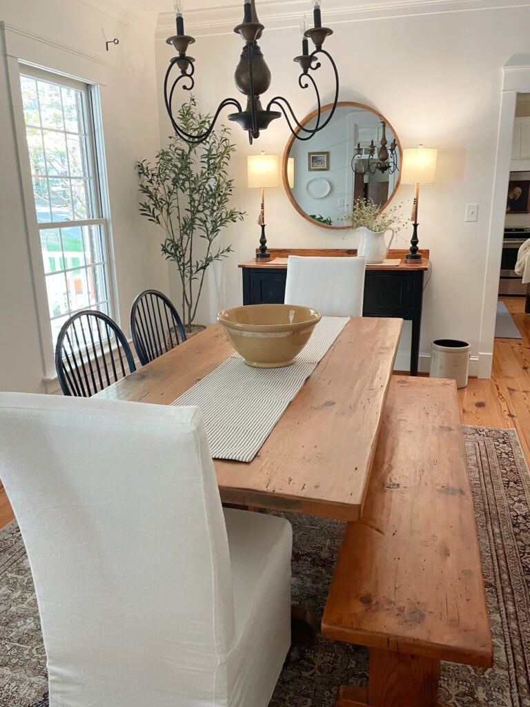 Benjamin Moore White Dove, south-facing farmhouse dining room