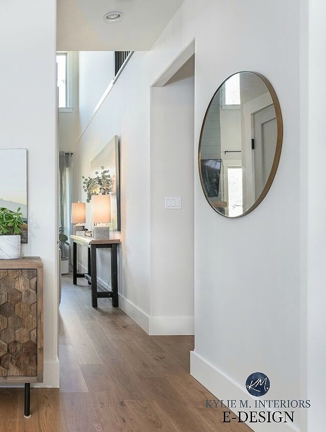 Entryway with Benjamin Moore Edgecomb Gray lightened wood cabinet, Ken Kirkby art. Kylie M INteriors Edesign, online paint color