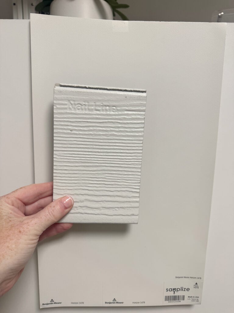 JAMES HARDIE ARCTIC WHITE COMPARED TO AN OFF-WHITE GRAY PAINT COLOR FOR COLOR MATCHING