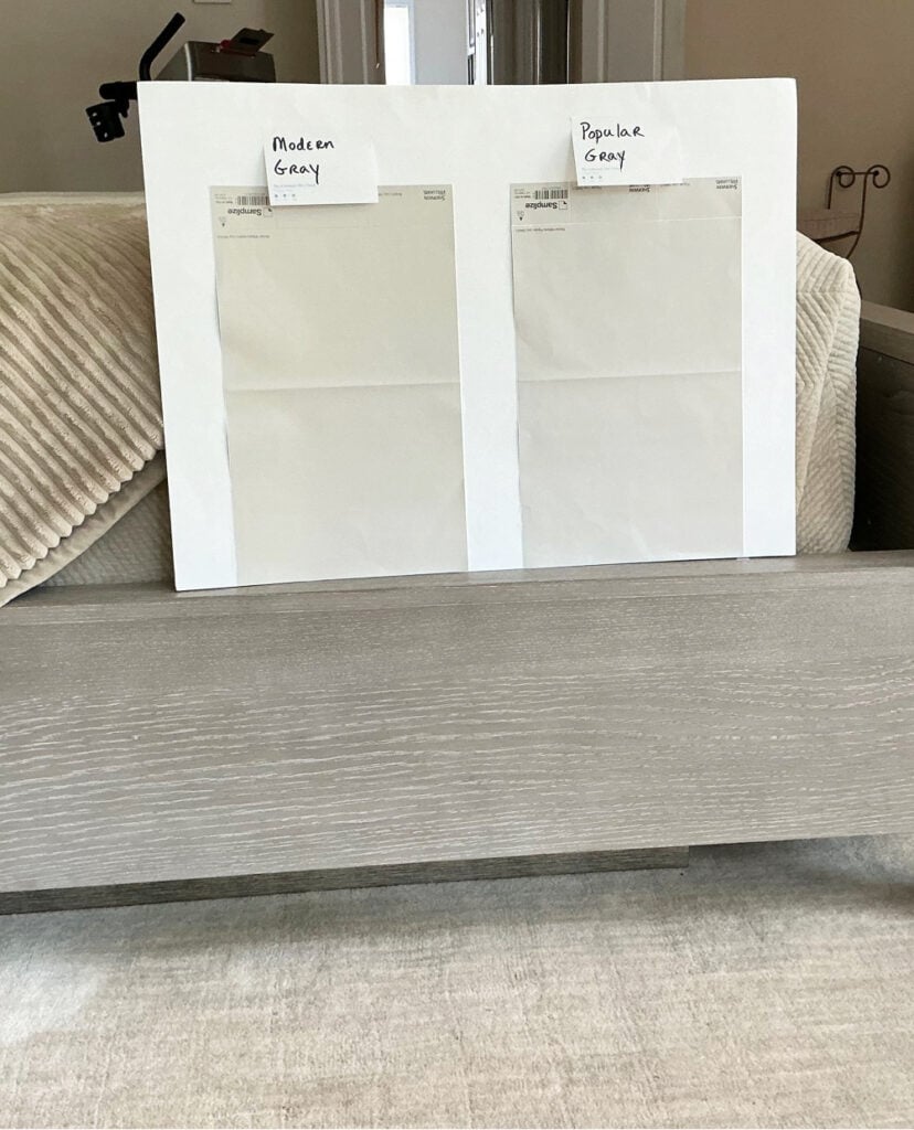 Sherwin Williams Modern Gray vs Popular Gray, comparing taupe paint colors with graywashed bedroom furniture and taupe beige area rug and linens. North west exposure