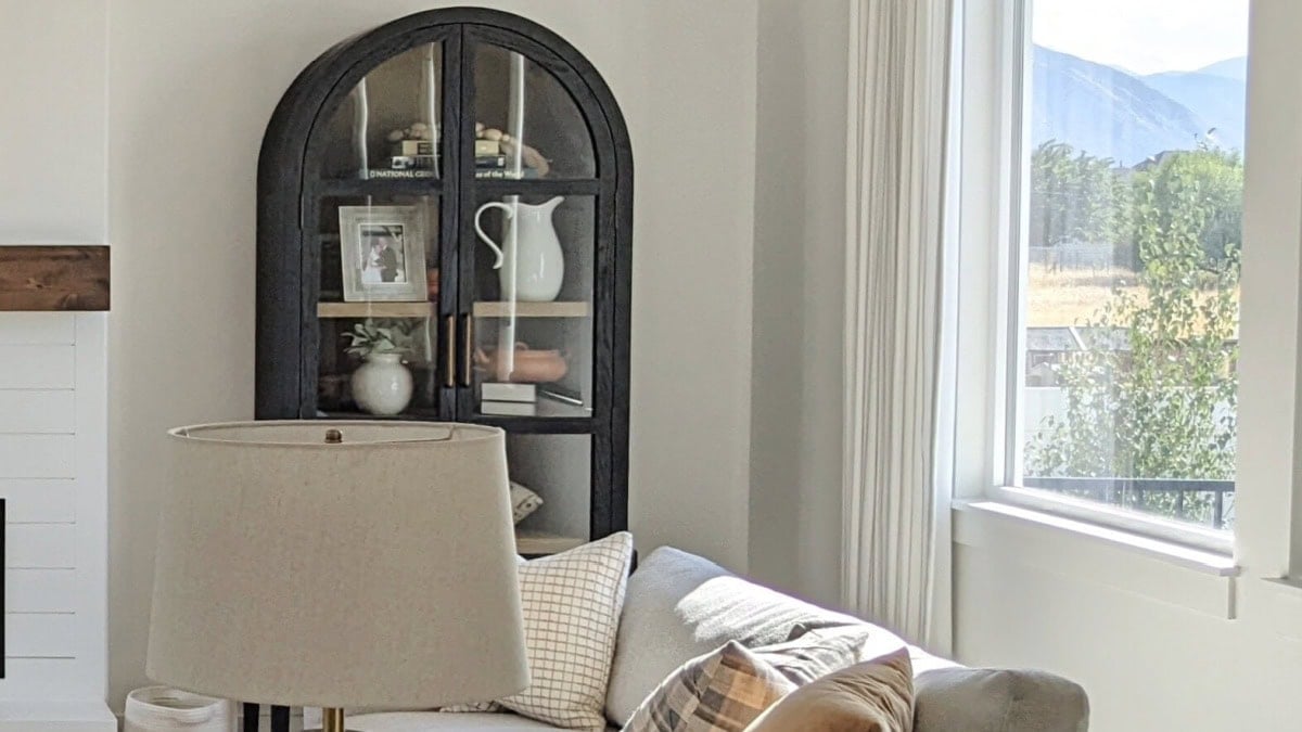 Sherwin Wliliams Pure White wall and trim with possible east-facing light, black arched cabinet